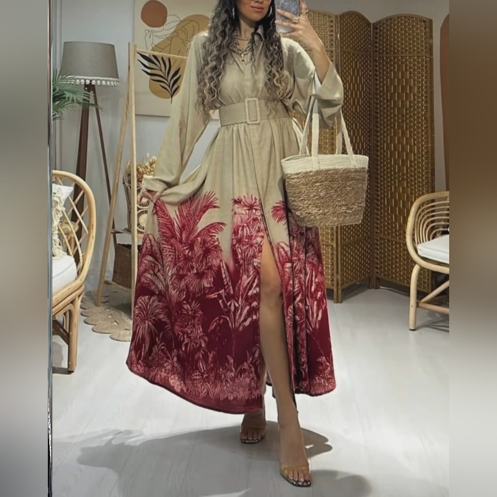 Beige and Red Tropical Maxi Dress